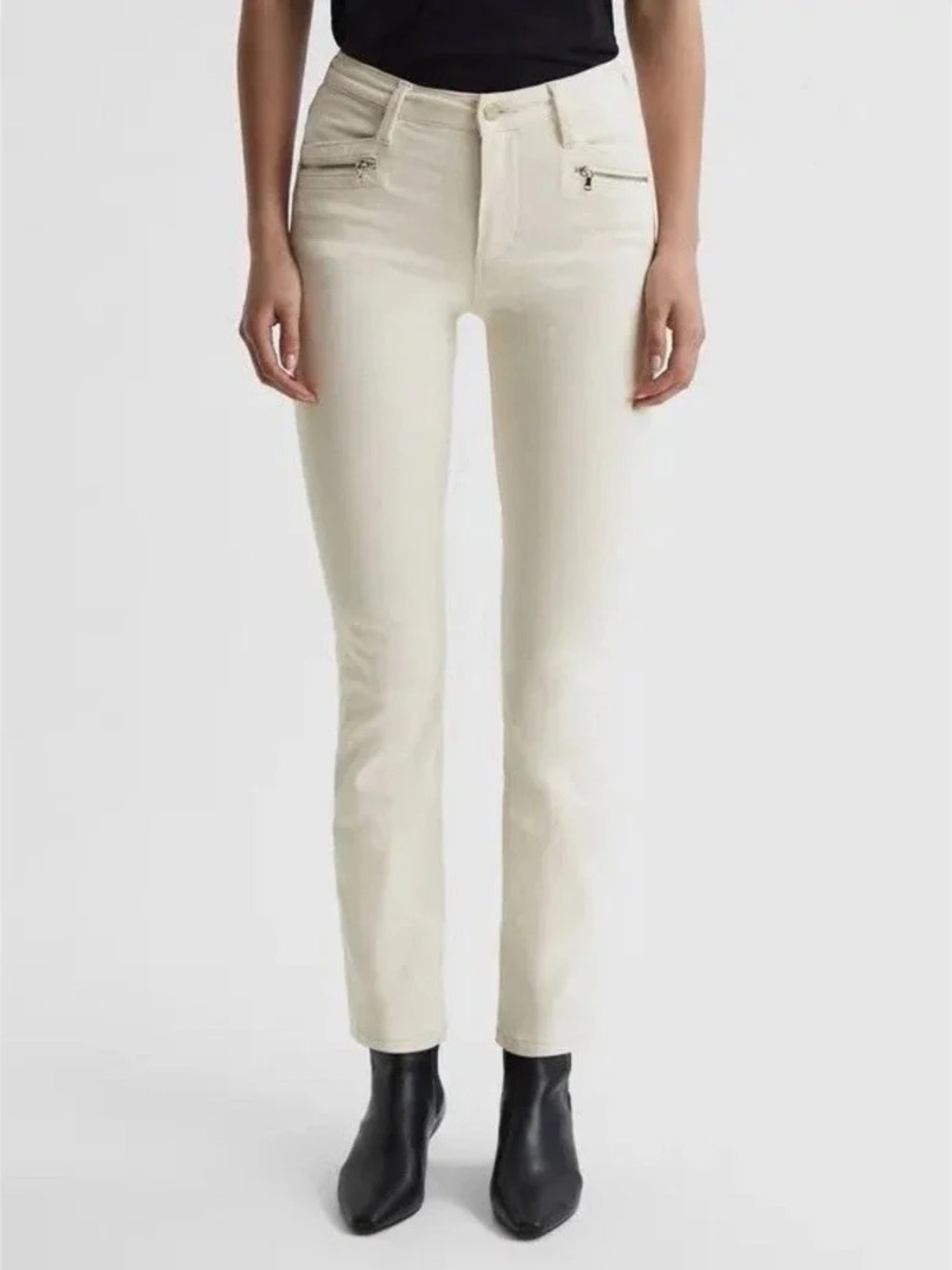 PAIGE “Cindy” Cream High Rise, Straight Leg Jeans with Gold Zip Accents